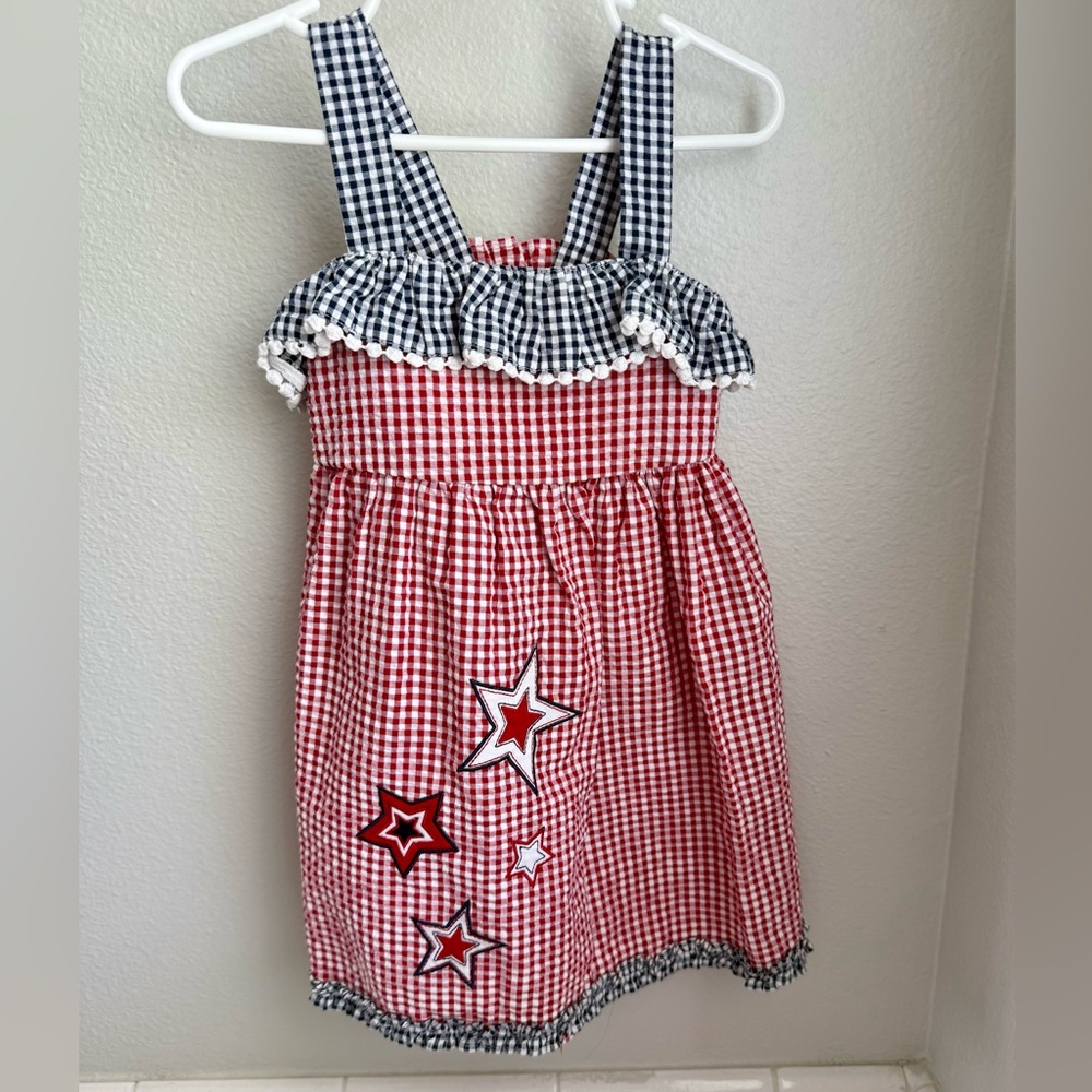 Good Lad Red, White and Blue Ruffled Gingham Sundress with Stars Size 3T